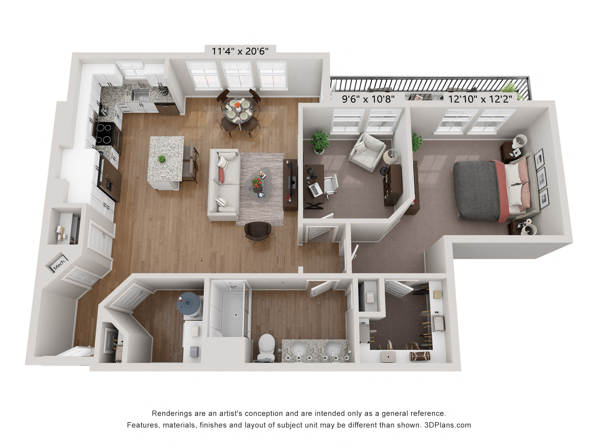 Floor plan for 1 bed, 1 bath, 1018 sqft